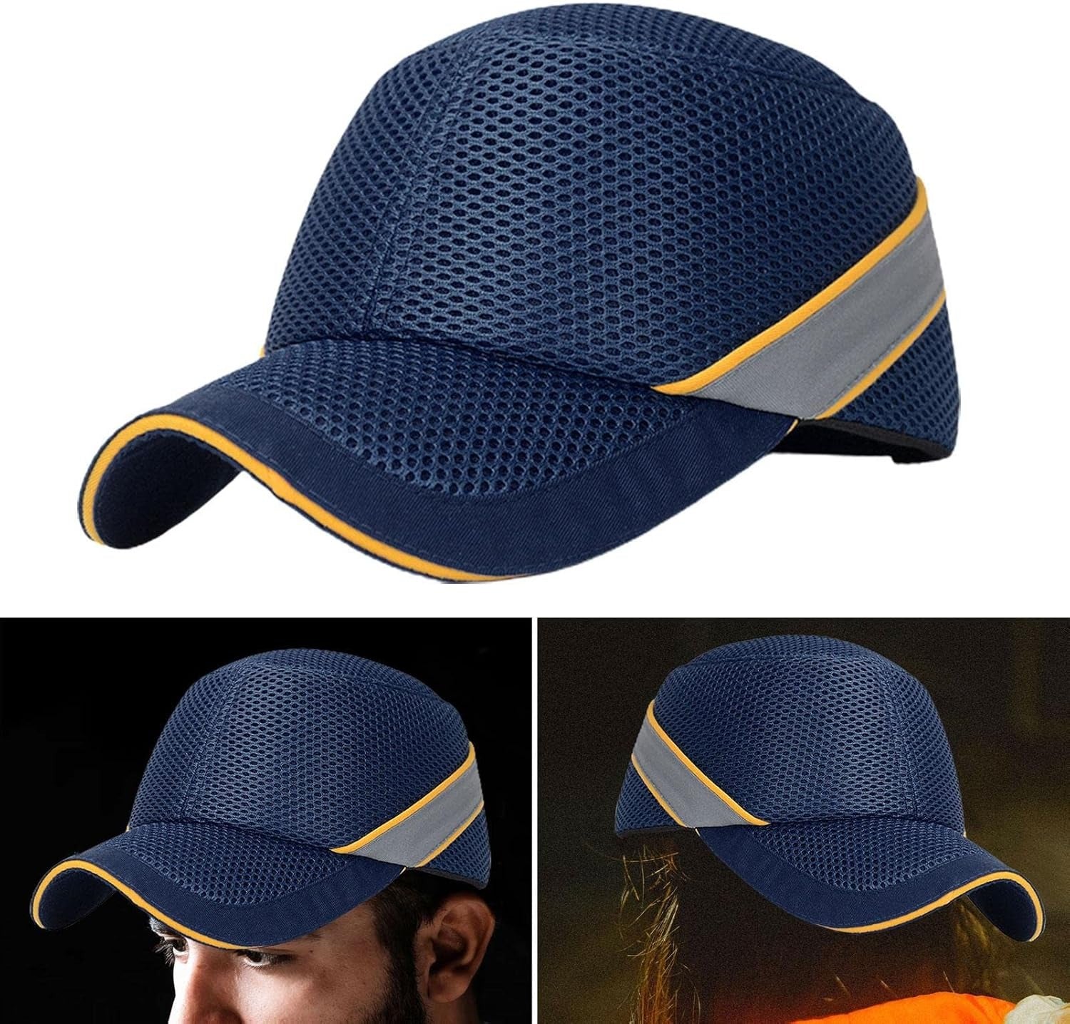 Navy blue cap with mesh design and reflective strip on a white background