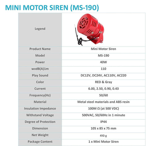 MS - 190 AC 24V 114dB Mini Motor صفارة إنذار الحريق